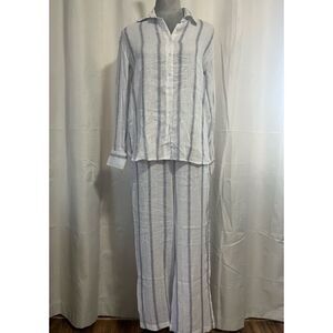 Blue Island White Button-Front Linen Set with Blue Vertical Stripes Sz XS NWT
